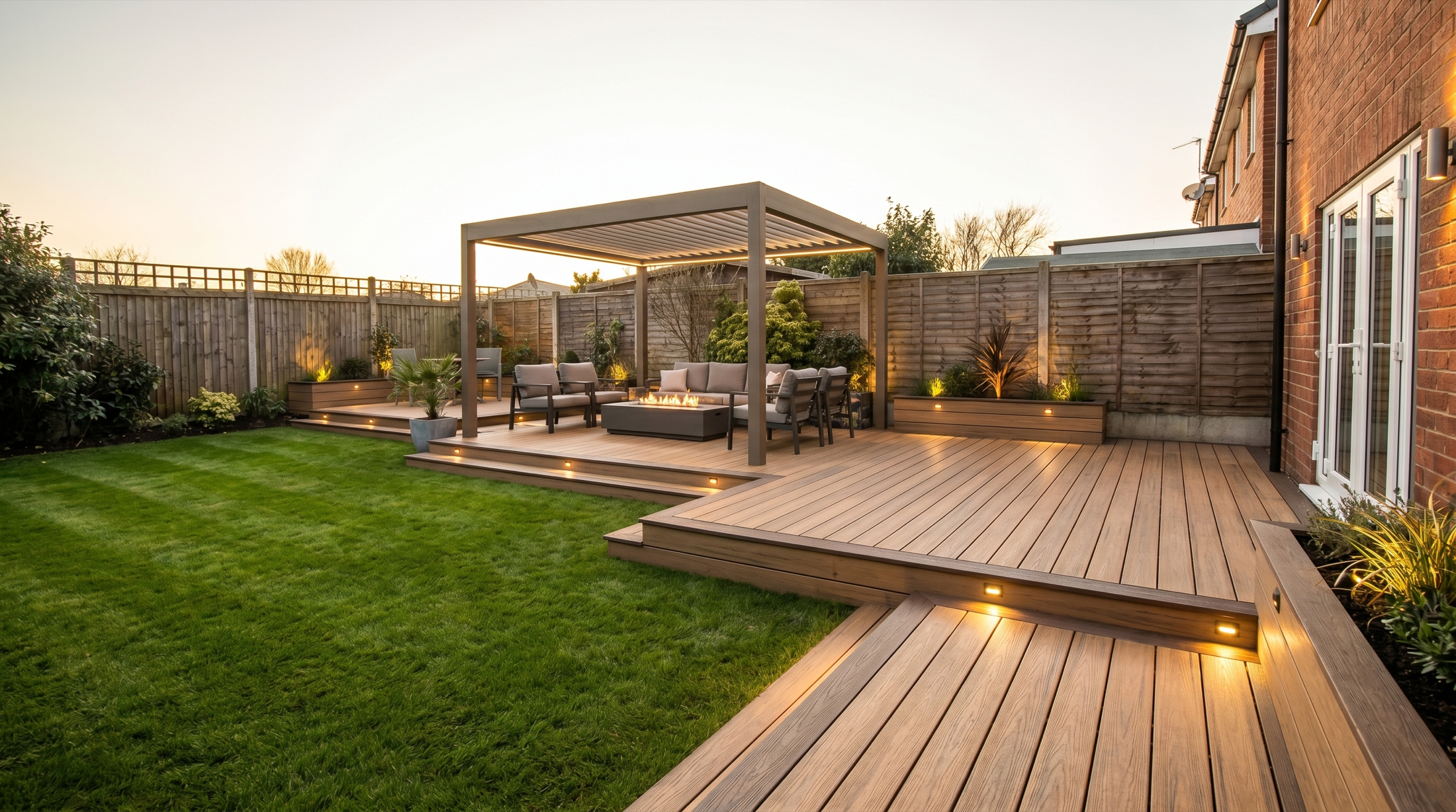 After — the finished outdoor living space at golden hour