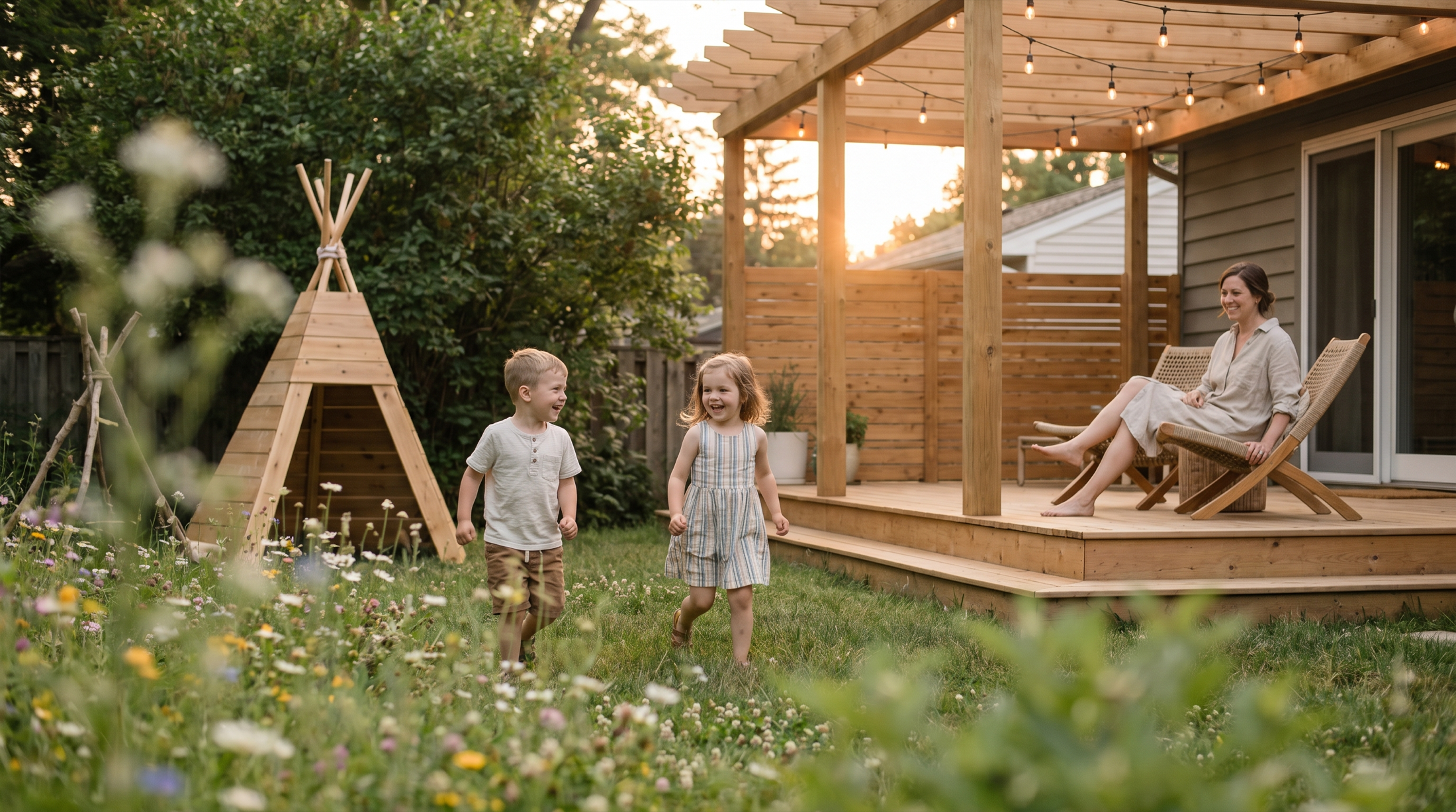 Children playing on a backyard lawn beside a wide cedar deck and pergola in the summer evening light.
