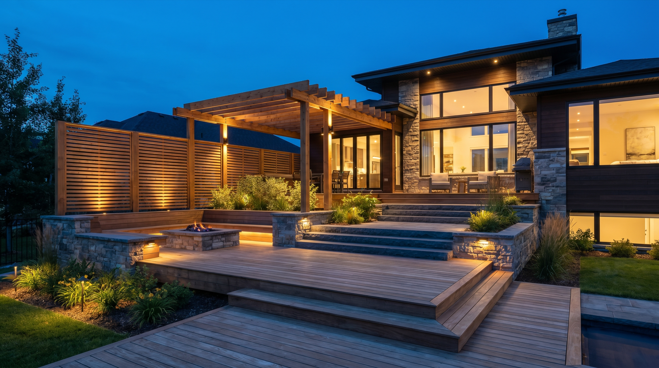 An upscale Manitoba home at blue hour with an integrated multi-level deck, pergola and landscape lighting.